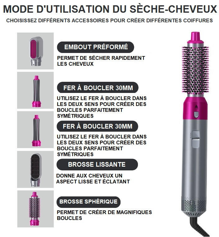 Sèche-cheveux 5-en-1 avec Brosse et Fer à Boucler – Image 5