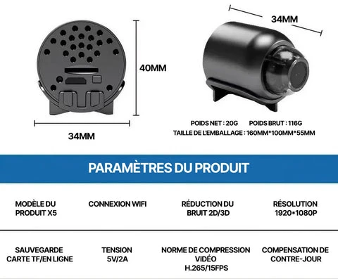 Caméra WiFi X5 avec carte mémoire et alimentation externe