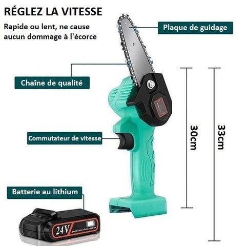 mini scie électrique en action coupant une branche