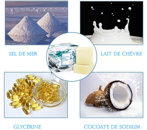 Ingrédients naturels du savon sel de mer avec lait de chèvre et glycérine